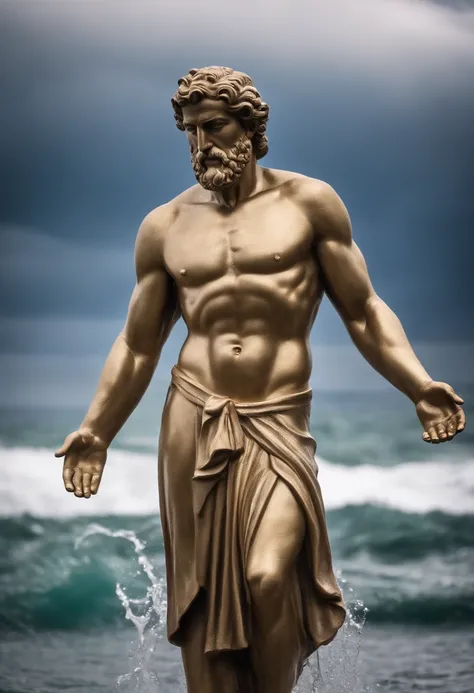 Statue Greek stoic man with a strong and robust body, similar to the ancient statue of Zeus, wet with water on the body, white and silver eyes, sea landscape background, sea ​​water splashing on the statue looking like it is wet, rain effect, rays passing ...