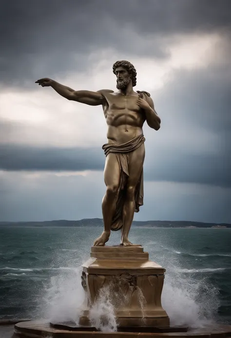 Statue Greek stoic man with a strong and robust body, similar to the ancient statue of Zeus, wet with water on the body, white and silver eyes, sea landscape background, sea ​​water splashing on the statue looking like it is wet, rain effect, rays passing ...