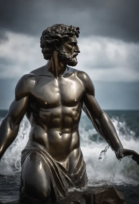 Statue Greek stoic man with a strong and robust body, similar to the ancient statue of Zeus, wet with water on the body, white and silver eyes, sea landscape background, sea ​​water splashing on the statue looking like it is wet, rain effect, rays passing ...