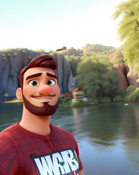 homem moreno, com barba no estilo disney pixar, com olhos verdes