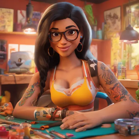 create a 3D movie poster inspired by Disney Pixar, The scene should be in Pixars signature digital art style, com uma imagem caricatural que lembra a cantora brasileira "Anita" in the prone position, Wearing a bikini while a tattoo artist is sitting tattoo...