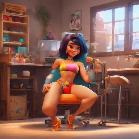 create a 3D movie poster inspired by Disney Pixar, The scene should be in Pixars signature digital art style, com uma imagem caricatural que lembra a cantora brasileira "Anita" in the prone position, Wearing a bikini while a tattoo artist is sitting tattoo...