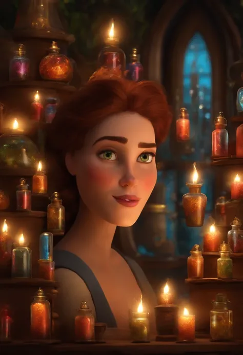 A collector of ideas inspired by Pixar animation, de perto. She is surrounded by a collection of magic vials, each containing a unique idea. The focus is on the character, with a captivating facial expression, Against a backdrop of shimmering, cores eferve...