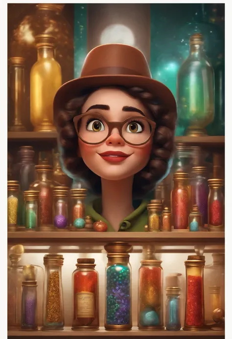 A collector of ideas inspired by Pixar animation, de perto. She is surrounded by a collection of magic vials, each containing a unique idea. The focus is on the character, with a captivating facial expression, Against a backdrop of shimmering, cores eferve...