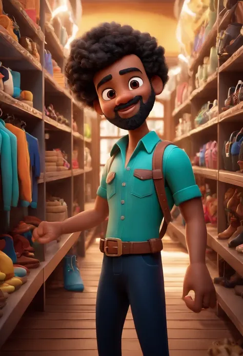 Disney/Pixar-inspired 3D poster capturing a scene of a cute 20-year-old with a soul patch beard, cabelo desbotado de navalha preta, camisa preta, Black pants on the background of a clothing store