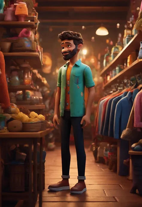 Disney/Pixar-inspired 3D poster capturing a scene of a cute 20-year-old with a soul patch beard, cabelo desbotado de navalha preta, camisa preta, Black pants on the background of a clothing store