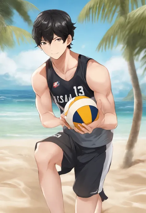 (best quality,highres,masterpiece:1.2), ultra-detailed, realistic:1.37, Tobio Kageyama, Haikyuu!!, black hair, alone, 1st year, male, Beach, ocean, outdoors, detailed eyes, close-up, beach volleyball, full face