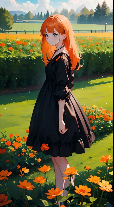 (masterpiece), (:o),cute girl, simple, surprised, wallpaper, orange hair,black dress, curiosity,standing, on a garden, expressive eyes, magical digital artwork, creative, soft