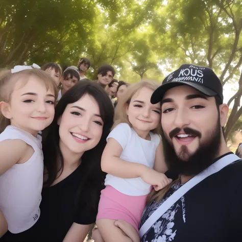 There is a group of people who are posing for a photo, trees in the background, divertindo-se, Directed by: Nandor Soldier, Happy family, Family photo, no parque em um belo dia, Postagem 4k, 4 k post, family portrait, goth family, no parque, david rios fer...