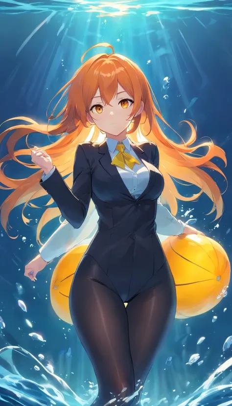 1 female、Orange hair、Colossal tits、Big ass、Black Tights Suit、yellow  eyes、Large, thick thighs、a short bob、wide hips、under the water