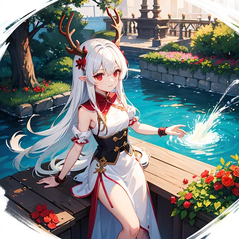 small girl, antlers, long white hair, happy, fountain, france, park, qipao, red eyes, rice