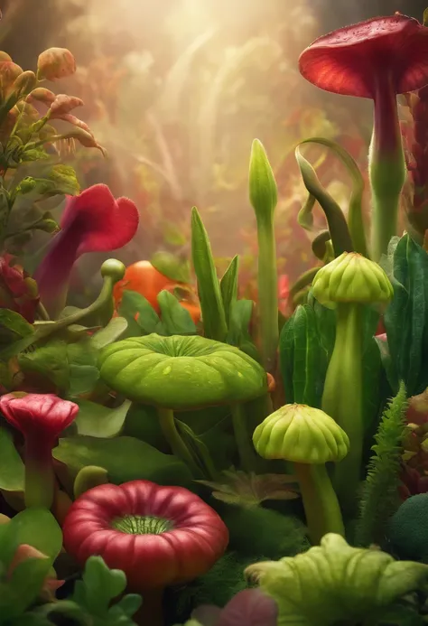 Make a background with various plants and vegetables with carnivorous plant faces Pixar style