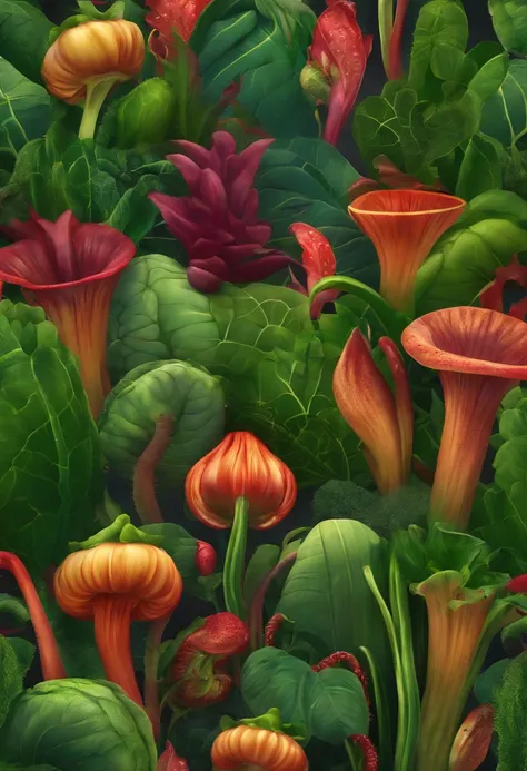 Make a background with various plants and vegetables with carnivorous plant faces Pixar style