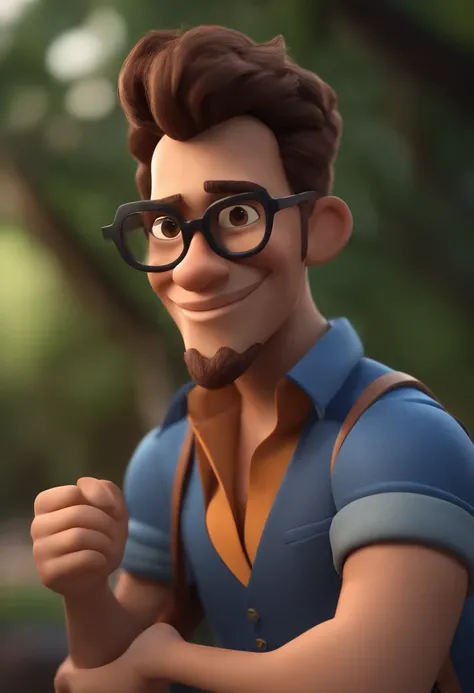 Cartoon character of a man with black glasses, cabelo cacheado marrom escuro e uma camisa azul, animation character, Caractere estilizado, animation style rendering, 3D estilizado, Arnold Maya render, 3 d render stylized, toon render keyshot, Personagem 3D...