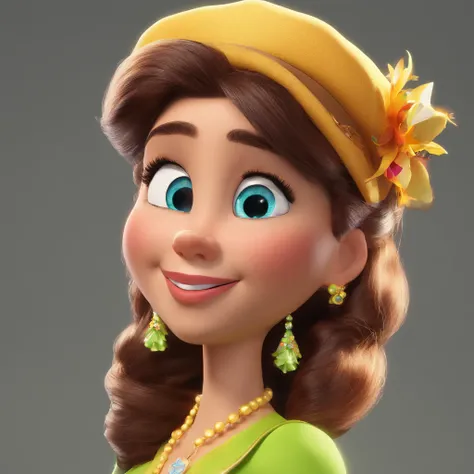 Crie um personagem estilo disney Pixar,mulher de cabelo ruivo olhos verdes e pele branca, estilo princesa cabelos compridos