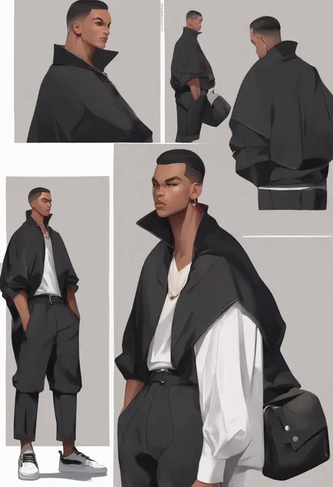 Black buzz cut, character references, black eyes, black big shirt, black baggy shorts, white shoes, male, Full body, Character design , reference sheet, front angle, side angle, rear angle, dynamic poses, adult