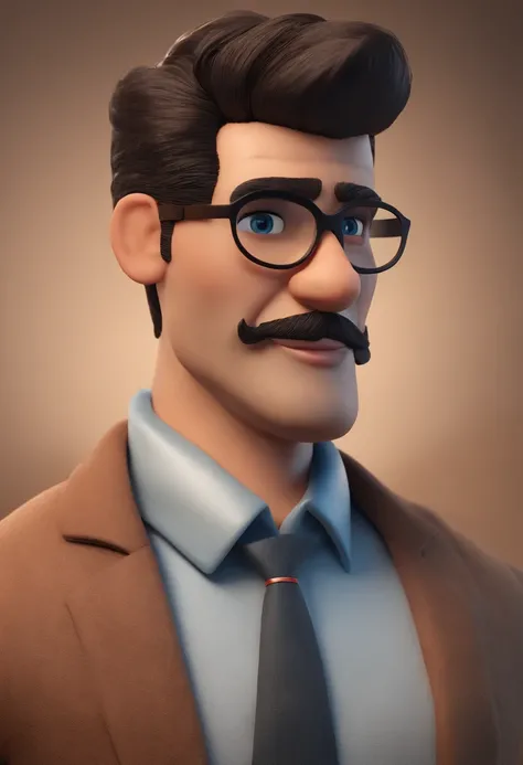 personagem dos desenhos animados de um homem de   barba pequena, Bald man with black glasses and a blue shirt and blue blazer, Holding a Canon brand photo camera Animation character, Caractere estilizado, animation style rendering, 3D estilizado, Arnold Ma...