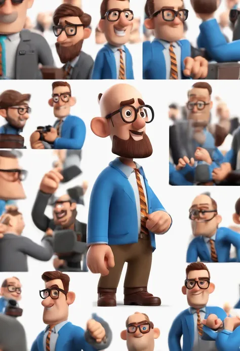 personagem dos desenhos animados de um homem de   barba pequena, Bald man with black glasses and a blue shirt and blue blazer, Holding a Canon brand photo camera Animation character, Caractere estilizado, animation style rendering, 3D estilizado, Arnold Ma...