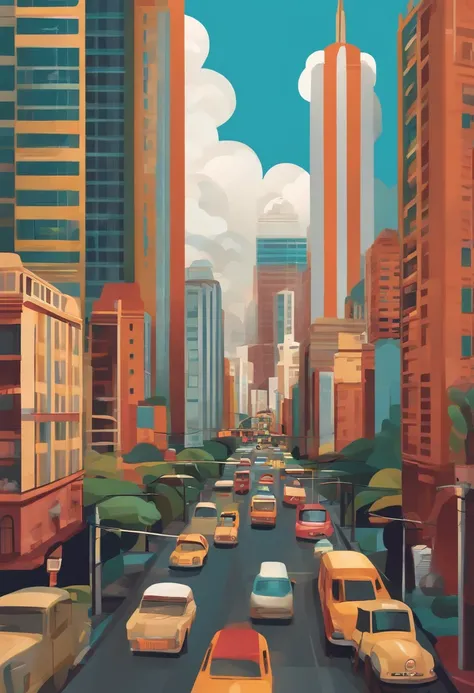 I want a picture of the city of Sao Paulo with clouds in the style of a pixar movie poster