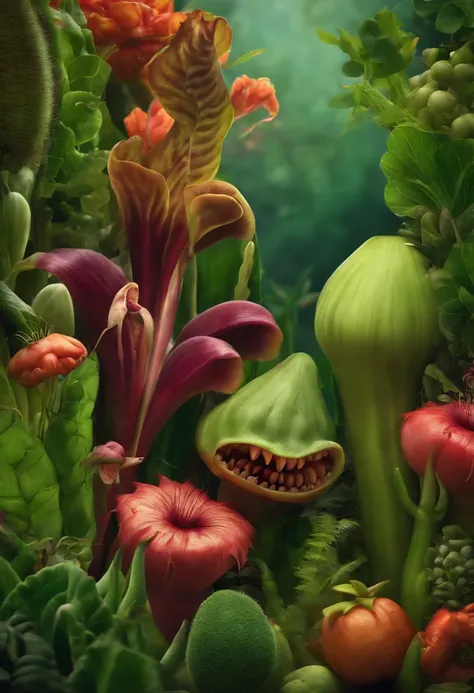 Make a background with various plants and vegetables with carnivorous plant faces with huge mouths Pixar style