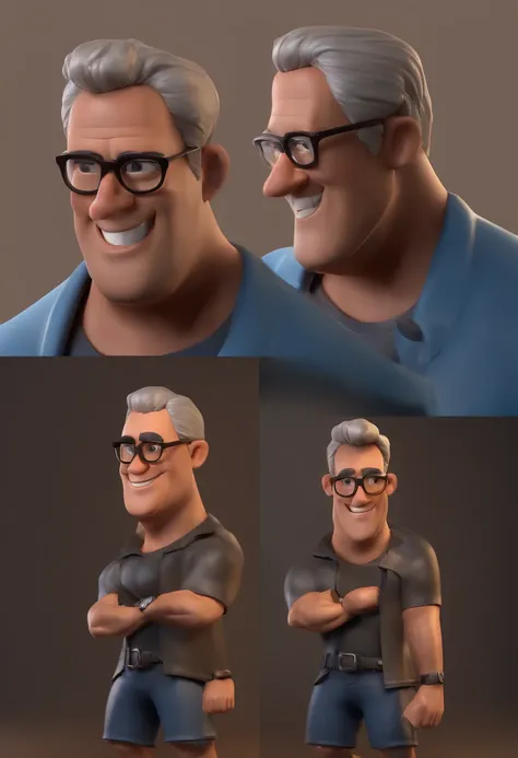 Cartoon character of a man with black glasses, cabelo cacheado marrom escuro e uma camisa azul, animation character, Caractere estilizado, animation style rendering, 3D estilizado, Arnold Maya render, 3 d render stylized, toon render keyshot, Personagem 3D...