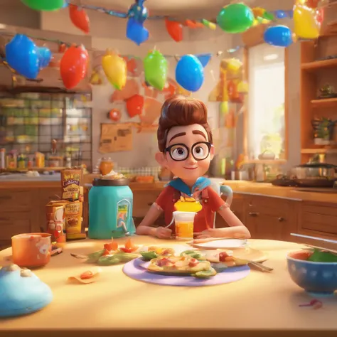 create a 3D movie poster inspired by Disney Pixar, The scene should be in Pixars signature digital art style, com uma imagem cartunesco que lembra uma cozinheira com, shoulder-length brown hair and also glasses, dentro de uma cozinha