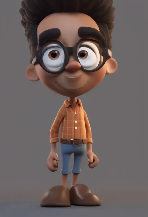 Cartoon character of a man with black glasses, cabelo cacheado marrom escuro e uma camisa azul, animation character, Caractere estilizado, animation style rendering, 3D estilizado, Arnold Maya render, 3 d render stylized, toon render keyshot, Personagem 3D...