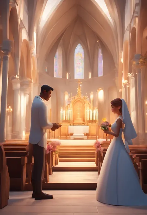 An illustration of an adorable couple, Destaque para um homem branco sorridente e uma mulher. They are in a praying church -Develop this art in Full HD, Focus on your cinematic touch, Estilo Disney Pixar Animations