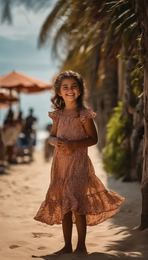 Imagem de uma menina com vestido preto, On a street where you have access to the beach. shes smiling and happy, The day is beautiful and sunny.