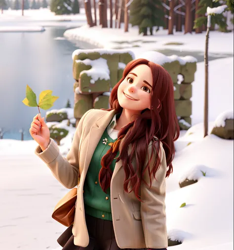 Girl with winter leaf in hands with smiling blazer