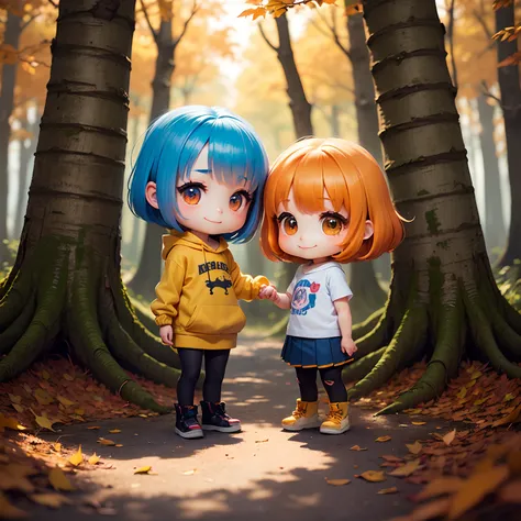 ​masterpiece、top-quality、ultra-detailliert、(Chibi Charas Daughter:1.2)、Blue Bob、Leather Jean、Orange-yellow tights on the inside of the pleated skirt、Fairytale autumn forest、Standing、A smile