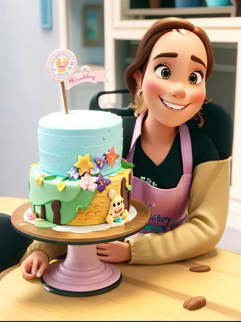 (best quality,highres:1.2),Disney-Pixar style,light brown hair,fine eyebrows,smiling with dimples,in front of a table,with her BEAUTIFUL cake,and in the background,a pastry shop.