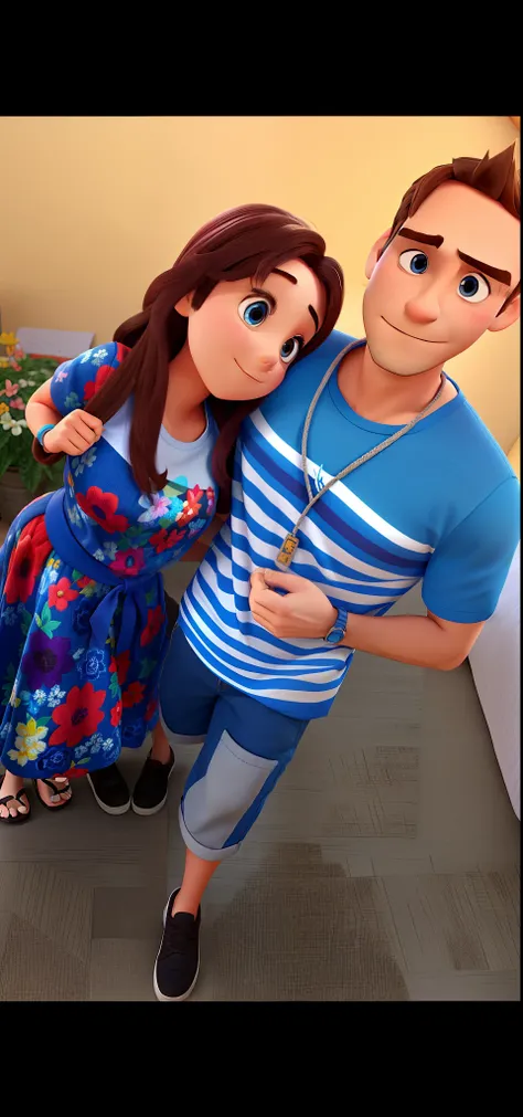 couple cuddling, homem branco com camiseta azul e listas brancas e mulher com cabelo longo preto e vestido florido no estilo Disney Pixar, alta qualidade, melhor qualidade.