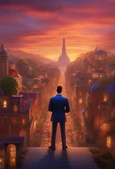 A city councilman looking at a dream project inspired by Pixar animation, de perto. The character takes center stage with captivating facial expressions, oferecendo um toque de irrealidade