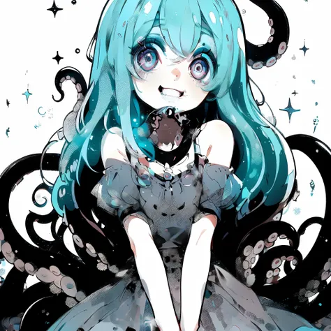 girl in a dress. Anime style illustration. She is a girl with tentacles. There is a mouth at the end of her tentacle. A girl with wide eyes. Her eyes sparkle. She grins.Crazy Eye Expression.