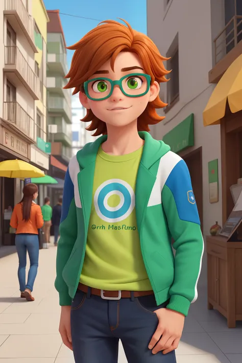 Um garoto musico castanho claro olhos verdescom cabelos cacheados em cima e raspado dos lados. With lime green glasses and a blue, green and orange sports jacket