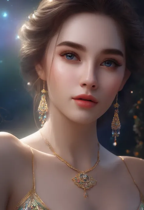 Masterpiece, Superb Girl, Cute Girl, Bust, High Detail Eyes, Perfect Eyes, Portrait, High Detail Face, Same Eyes, Glare, Rainbow Color, Global Illumination, Soft Light, Dream Light, Digital Painting, 8K Close-up, Fantasy, Night Sky, Stars, Nebula, White Cr...