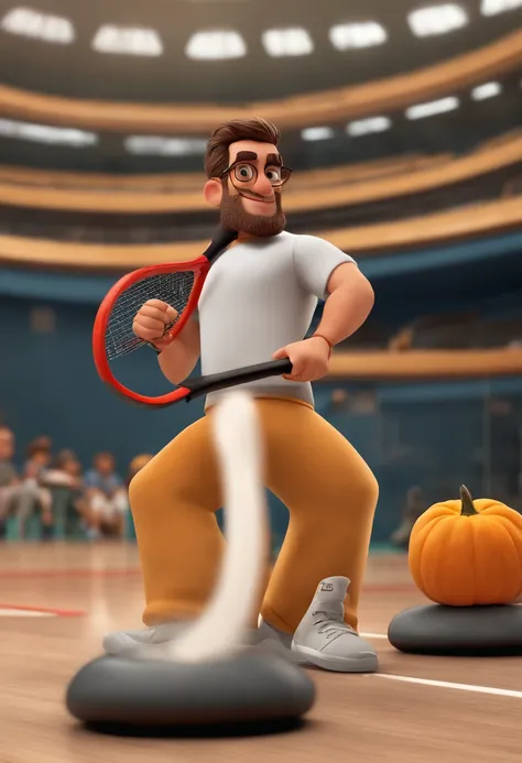 um homem, de 36 anos , barba curta, with round glasses,olhos castanhos, with a squash racket in his right hand, moreno careca,fundo uma quadra de squash, Imagem no estilo Pixar, Estilo de filme animado 3D, Disney, camiseta preta