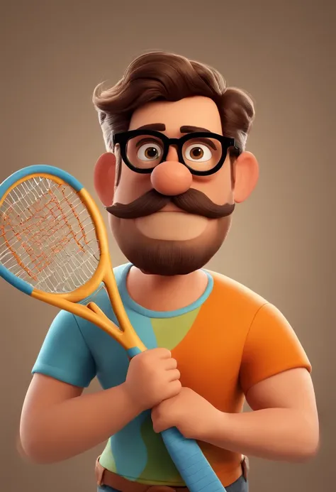 um homem, de 36 anos , barba curta, with round glasses,olhos castanhos, with a squash racket in his right hand, moreno careca,fundo uma quadra de squash, Imagem no estilo Pixar, Estilo de filme animado 3D, Disney, camiseta preta