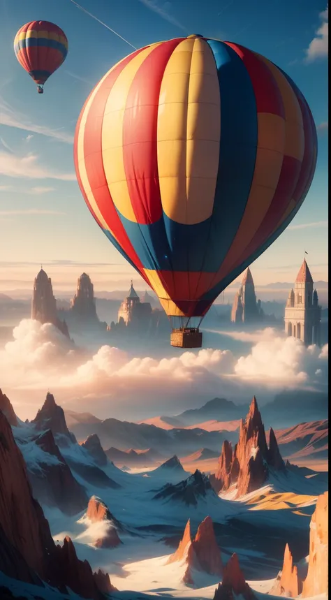 (Best quality,4K,8K,A high resolution,Masterpiece:1.2), Hot air balloon in detail, Vibrant colors, realistic cloud, surreal scenery, CreativeDesign, Whimsical atmosphere, dreamlike landscapes, Fine details, Soft lighting, mind-blowing views