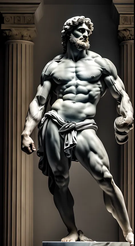 (Masterpiece) A full body High resolution marble sculpture of a insanely handsome Greek God, strong, chilsed, looking ferocious and agressive, power and strength demonstration, fierce expressive eyes, HDR, 8k, in the style of Michelangelo, Caravaggio