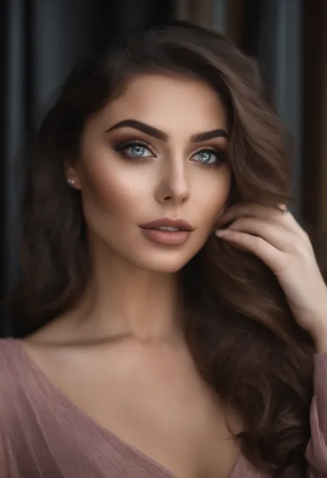 Femme Arafed en entier , fille sexy aux yeux bruns,Assyrian, Ultra réaliste, Détails méticuleux, Portrait Sophie Mudd, cheveux noirs et grands yeux, Selfie d’une jeune femme, Yeux de chambre, Violet Myers, pas de maquillage, maquillage naturel, Regarder di...