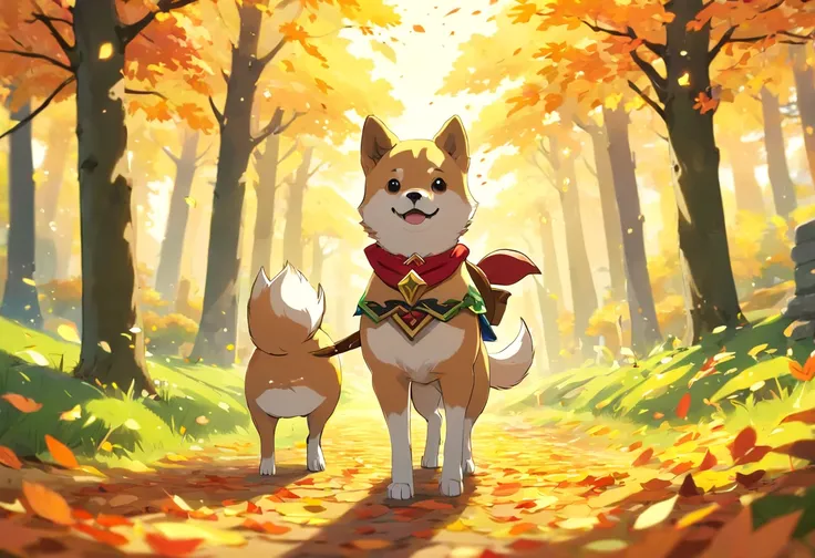 animesque、。.3D、Shiba Inu in the foreground、autumnal、jpn、leaves falling