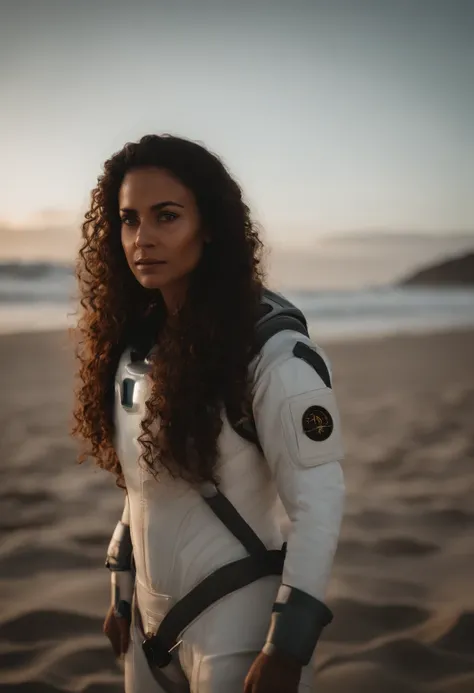 Mulher bfanca cabelos cacheadoa pretos vestida de astronauta em uma praia olhandi para o mar