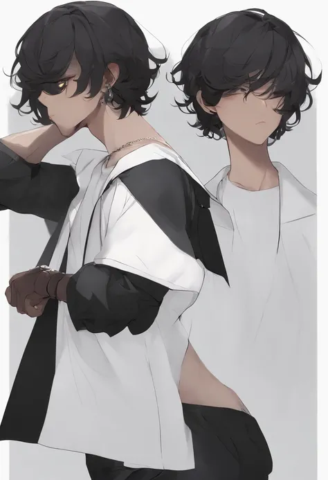 Black short hair, character references, black eyes, black big shirt, black baggy shorts, white shoes, male, Full body, Character design , reference sheet, front angle, side angle, rear angle, dynamic poses, detail face