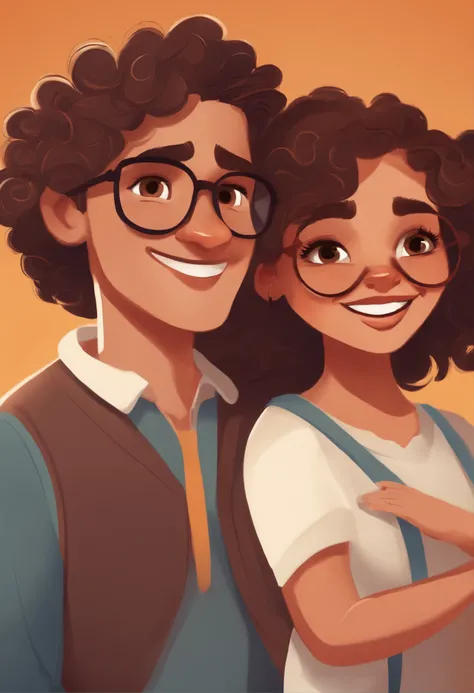 An illustration of an adorable couple, Spotlight on a smiling chubby white boy and a brunette girl with beautiful expressive eyes and glasses - the boys skin is white and the boys hair is curly, while the girls skin is white and the girls hair is curly and...