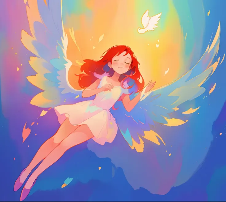 beautiful angel girl in white flowing dress, colorful angel wings, vibrant pastel colors, long flowing brown red hair, colorful fantasia background, watercolor illustration, disney art style, beautiful digital illustration, beautiful, masterpiece, best qua...