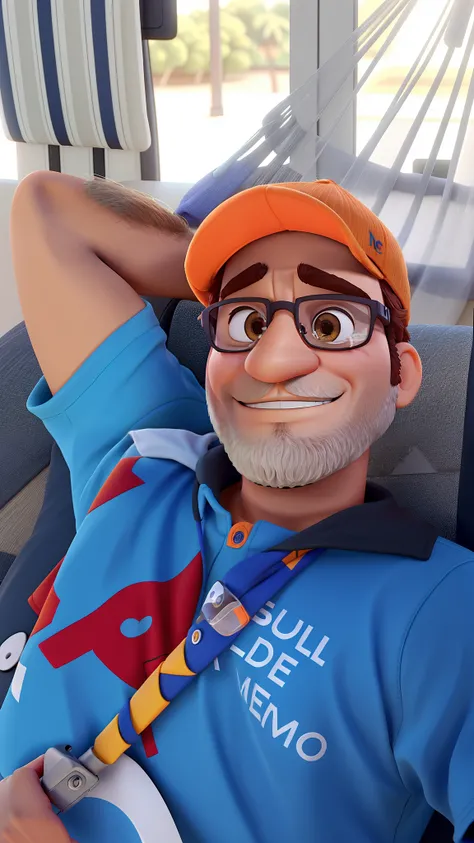 Um homem deitado na rede, orange cap, cabelos e barba preto, eyeglass, High-quality Disney Pixar animation.