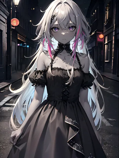 (masterpiece,best quality,ultra-detailed),1girl, rainbow hair, multicolored hair,very long hair,messy hair,(((coloured skin, grey skin))),small chest,dress, gothic dress,((grey theme)),in a street, night