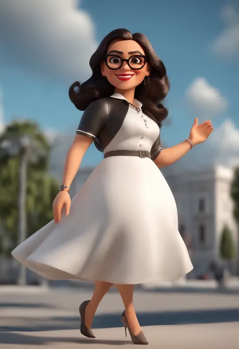 Cartoon character of a happy woman with black glasses with white dress shirt, em um oftalmologista, place that sells eyeglasses, local em Loja com predominancia branca,  animation character, Caractere estilizado, animation style rendering, 3D estilizado, 3...